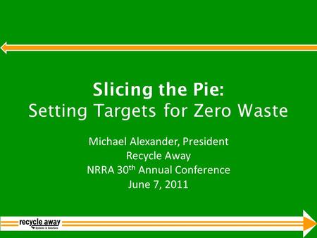 Slicing the Pie: Setting Targets for Zero Waste Michael Alexander, President Recycle Away NRRA 30 th Annual Conference June 7, 2011.