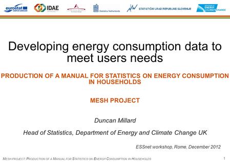1 M ESH PROJECT : P RODUCTION OF A M ANUAL FOR S TATISTICS ON E NERGY C ONSUMPTION IN H OUSEHOLDS Developing energy consumption data to meet users needs.
