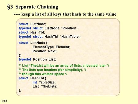 §3 Separate Chaining ---- keep a list of all keys that hash to the same value struct ListNode; typedef struct ListNode *Position; struct HashTbl; typedef.