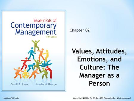 Copyright © 2013 by The McGraw-Hill Companies, Inc. All rights reserved. McGraw-Hill/Irwin Chapter 02 Values, Attitudes, Emotions, and Culture: The Manager.