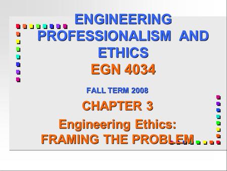 ENGINEERING PROFESSIONALISM AND ETHICS EGN 4034 FALL TERM 2008 CHAPTER 3 Engineering Ethics: FRAMING THE PROBLEM.