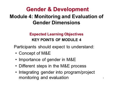 Participants should expect to understand: Concept of M&E Importance of gender in M&E Different steps in the M&E process Integrating gender into program/project.