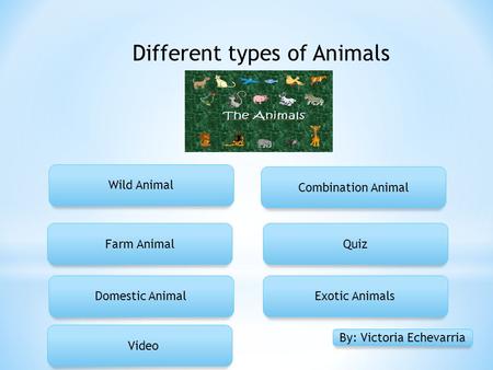 Different types of Animals Wild Animal Farm Animal Domestic Animal Quiz Exotic Animals Combination Animal By: Victoria Echevarria Video.