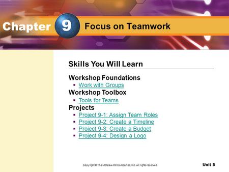Unit 5 Design as a Team Focus on Teamwork Chapter Workshop Foundations  Work with Groups Work with Groups Workshop Toolbox  Tools for Teams Tools for.