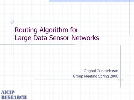 Routing Algorithm for Large Data Sensor Networks Raghul Gunasekaran Group Meeting Spring 2006.