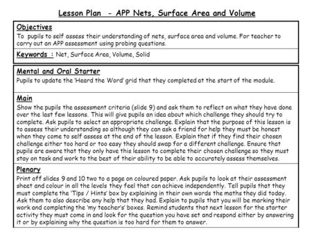Lesson Plan - APP Nets, Surface Area and Volume Mental and Oral Starter Pupils to update the ‘Heard the Word’ grid that they completed at the start of.