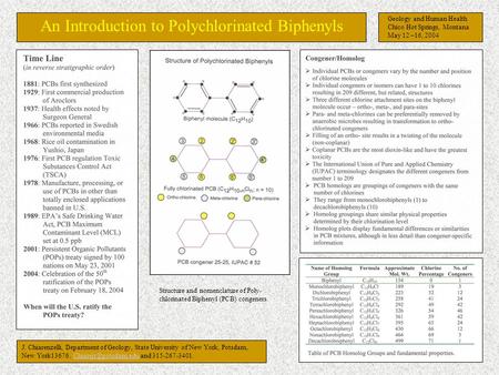 An Introduction to Polychlorinated Biphenyls Structure and nomenclature of Poly- chlorinated Biphenyl (PCB) congeners. J. Chiarenzelli, Department of Geology,