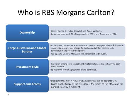 1 Who is RBS Morgans Carlton? Jointly owned by Peter Kerkvliet and Adam Williams. Peter has been with RBS Morgans since 2003, and Adam since 2010. Ownership.