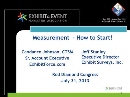 July 30th – August 1st, 2013 McCormick Place, Chicago, IL 1 Candance Johnson, CTSM Sr. Account Executive ExhibitForce.com Red Diamond Congress July 31,