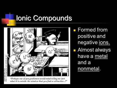 Ionic Compounds Formed from positive and negative ions. Almost always have a metal and a nonmetal.