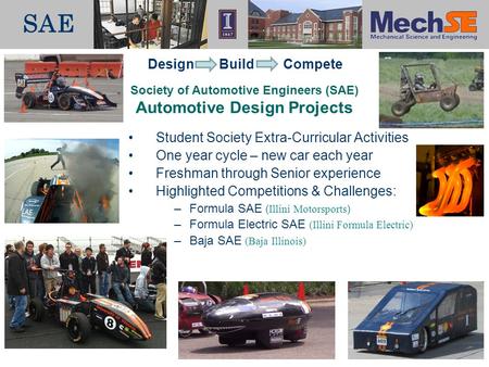 Society of Automotive Engineers (SAE) Automotive Design Projects SAE Student Society Extra-Curricular Activities One year cycle – new car each year Freshman.