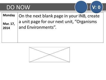 DO NOW V: 0 Monday Mar. 17, 2014 On the next blank page in your INB, create a unit page for our next unit, “Organisms and Environments”.