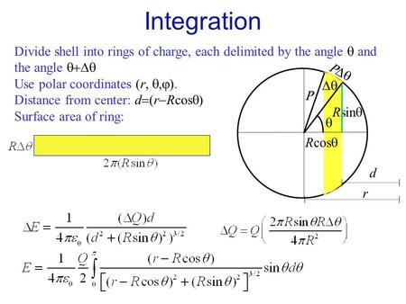 Divide shell into rings of charge, each delimited by the angle  and the angle  Use polar coordinates  r  Distance from center: d  r  Rcos.