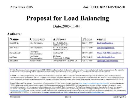Doc.: IEEE 802.11-05/1065r0 Submission November 2005 Emily Qi et alSlide 1 Proposal for Load Balancing Notice: This document has been prepared to assist.