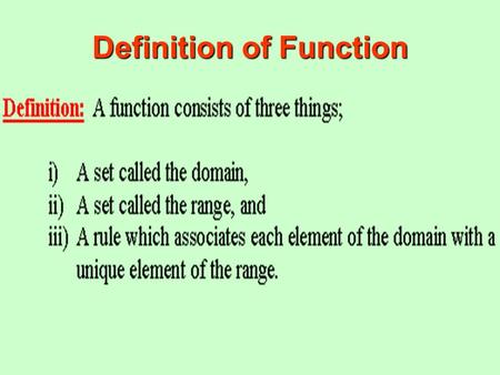 Definition of Function. Picture of a Function Definition of Function Illustration There is a domain, a range, and a rule. An arrow emanates from each.