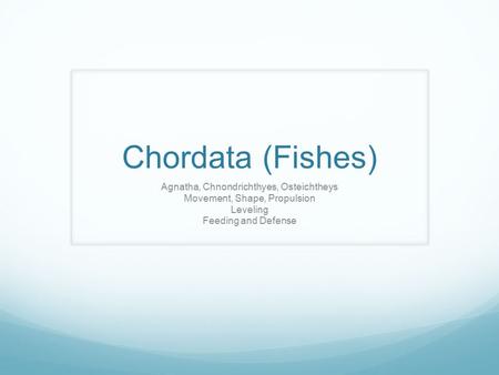 Chordata (Fishes) Agnatha, Chnondrichthyes, Osteichtheys Movement, Shape, Propulsion Leveling Feeding and Defense.
