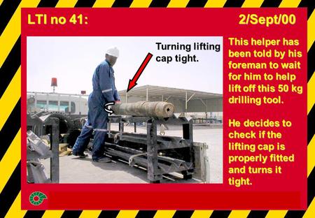 This helper has been told by his foreman to wait for him to help lift off this 50 kg drilling tool. He decides to check if the lifting cap is properly.