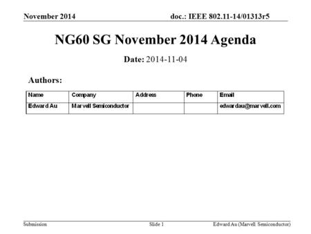 Doc.: IEEE 802.11-14/01313r5 Submission November 2014 Edward Au (Marvell Semiconductor)Slide 1 NG60 SG November 2014 Agenda Date: 2014-11-04 Authors: