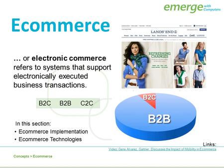 Ecommerce … or electronic commerce refers to systems that support electronically executed business transactions. B2C B2B C2C In this section: Ecommerce.