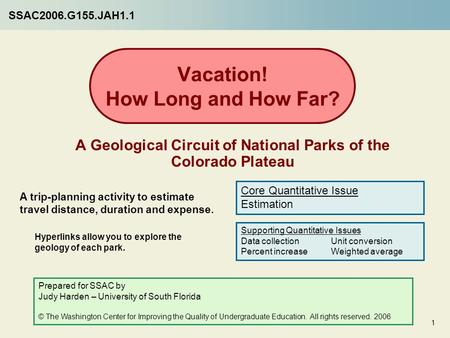 Vacation! How Long and How Far? A Geological Circuit of National Parks of the Colorado Plateau A trip-planning activity to estimate travel distance, duration.