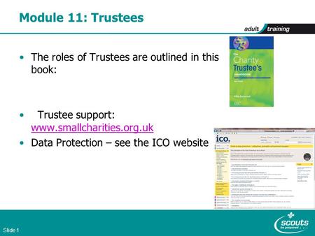 Slide 1 Module 11: Trustees The roles of Trustees are outlined in this book: Trustee support: www.smallcharities.org.uk www.smallcharities.org.uk Data.