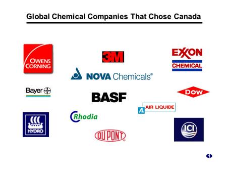 Global Chemical Companies That Chose Canada 1. World’s Largest Homogeneous Chemical Market North American… – chemical production of $430 billion in 1997.