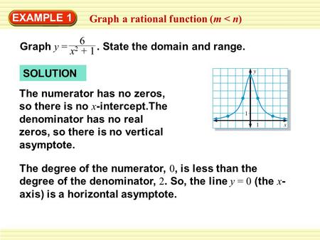 EXAMPLE 1 Graph a rational function (m < n) Graph y =. State the domain and range. 6 x 2 + 1 SOLUTION The degree of the numerator, 0, is less than the.