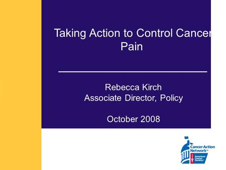 Taking Action to Control Cancer Pain Rebecca Kirch Associate Director, Policy October 2008.
