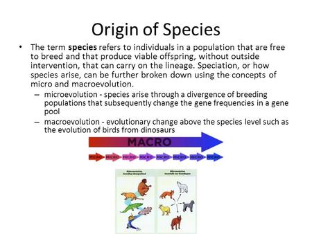 Origin of Species The term species refers to individuals in a population that are free to breed and that produce viable offspring, without outside intervention,