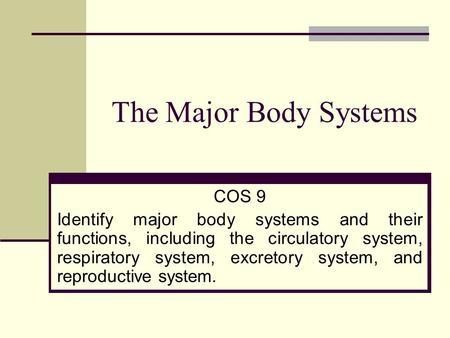 The Major Body Systems COS 9 Identify major body systems and their functions, including the circulatory system, respiratory system, excretory system, and.