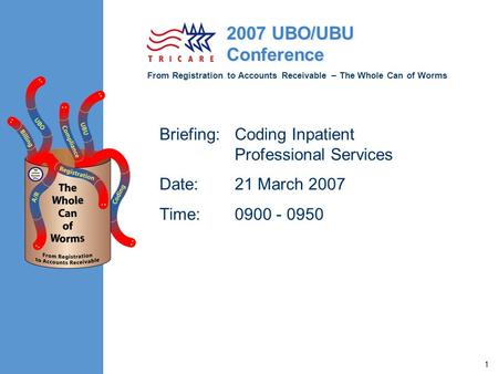 From Registration to Accounts Receivable – The Whole Can of Worms 2007 UBO/UBU Conference 1 Briefing:Coding Inpatient Professional Services Date:21 March.