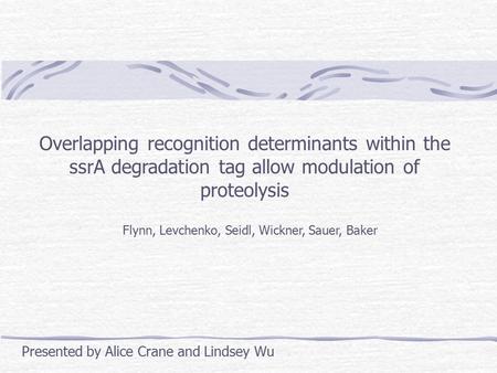 Overlapping recognition determinants within the ssrA degradation tag allow modulation of proteolysis Flynn, Levchenko, Seidl, Wickner, Sauer, Baker Presented.