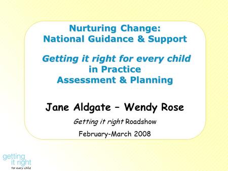 Nurturing Change: National Guidance & Support Getting it right for every child in Practice Assessment & Planning Jane Aldgate – Wendy Rose Getting it right.