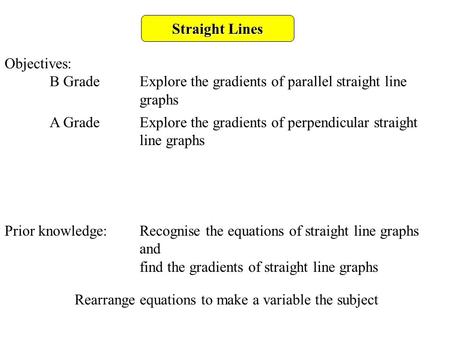 Straight Lines Objectives: B GradeExplore the gradients of parallel straight line graphs A GradeExplore the gradients of perpendicular straight line graphs.