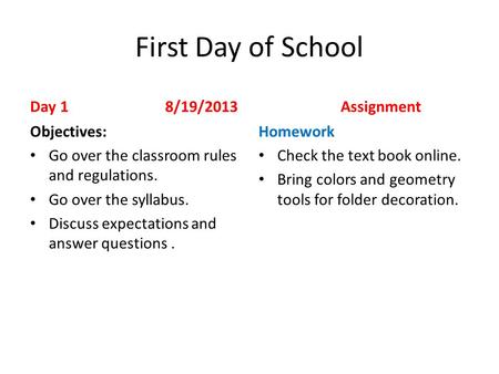 First Day of School Day 1 8/19/2013 Assignment Objectives: