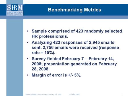 ©SHRM 2008SHRM Weekly Online Survey: February 13, 20081 Benchmarking Metrics Sample comprised of 423 randomly selected HR professionals. Analyzing 423.