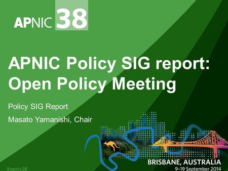 APNIC Policy SIG report: Open Policy Meeting Policy SIG Report Masato Yamanishi, Chair.