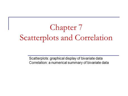 Chapter 7 Scatterplots and Correlation Scatterplots: graphical display of bivariate data Correlation: a numerical summary of bivariate data.