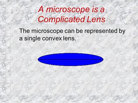 A microscope is a Complicated Lens n The microscope can be represented by a single convex lens.