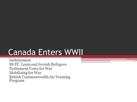 Canada Enters WWII Isolationism SS ST. Louis and Jewish Refugees Parliament Votes for War Mobilizing for War British Commonwealth Air Training Program.