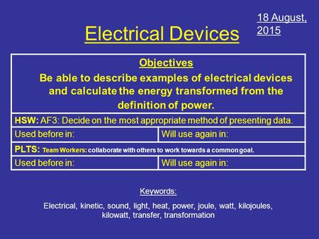 Electrical Devices 20 April, April, 2017 Objectives
