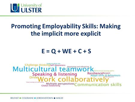 Promoting Employability Skills: Making the implicit more explicit E = Q + WE + C + S.