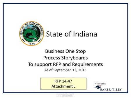 State of Indiana Business One Stop Process Storyboards To support RFP and Requirements As of September 13, 2013 Prepared by: RFP 14-47 Attachment L.