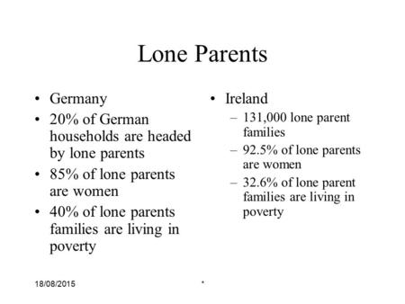 18/08/2015* Lone Parents Germany 20% of German households are headed by lone parents 85% of lone parents are women 40% of lone parents families are living.