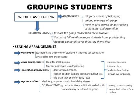 GROUPING STUDENTS ADVANTAGES : reinforces sense of belonging among members of group. teacher gets overall understanding of students´ understanding. DISADVANTAGES: