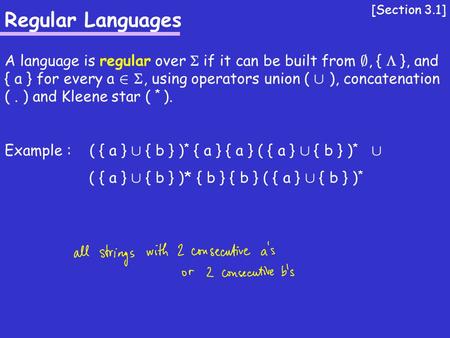Regular Languages A language is regular over  if it can be built from ;, {  }, and { a } for every a 2 , using operators union ( [ ), concatenation.
