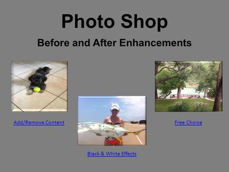 Photo Shop Before and After Enhancements Add/Remove Content Black & White Effects Free Choice.