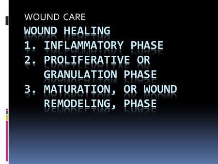 WOUND CARE Wound Healing 1. inflammatory phase 2. proliferative or granulation phase 3. maturation, or wound remodeling, phase Inflammatory.