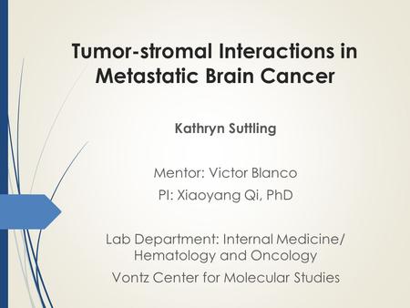 Tumor-stromal Interactions in Metastatic Brain Cancer Kathryn Suttling Mentor: Victor Blanco PI: Xiaoyang Qi, PhD Lab Department: Internal Medicine/ Hematology.