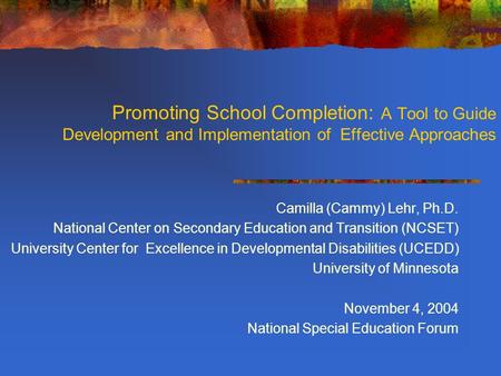 Promoting School Completion: A Tool to Guide Development and Implementation of Effective Approaches Camilla (Cammy) Lehr, Ph.D. National Center on Secondary.